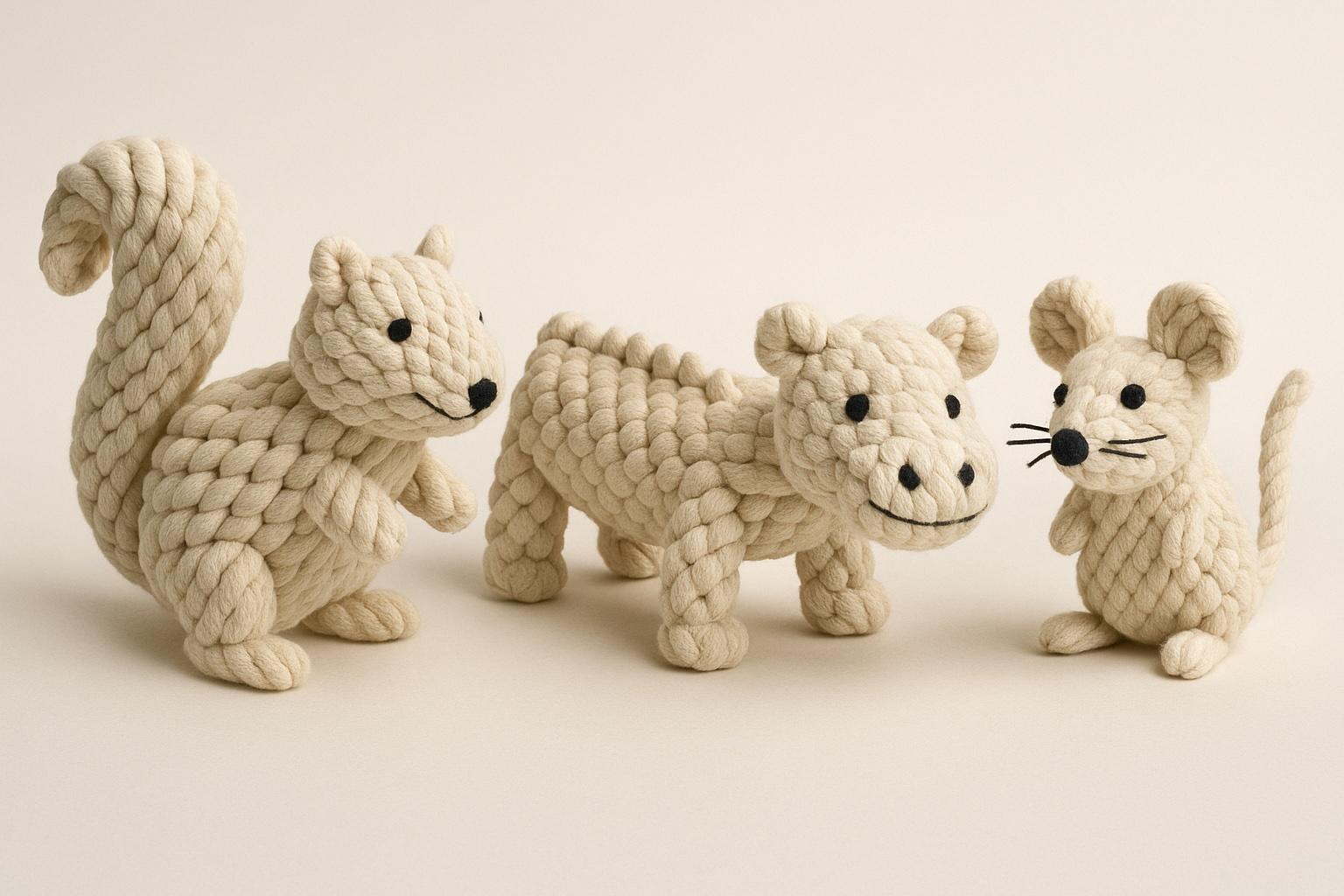 Handwoven recycled-cotton rope animal toys, studio shot