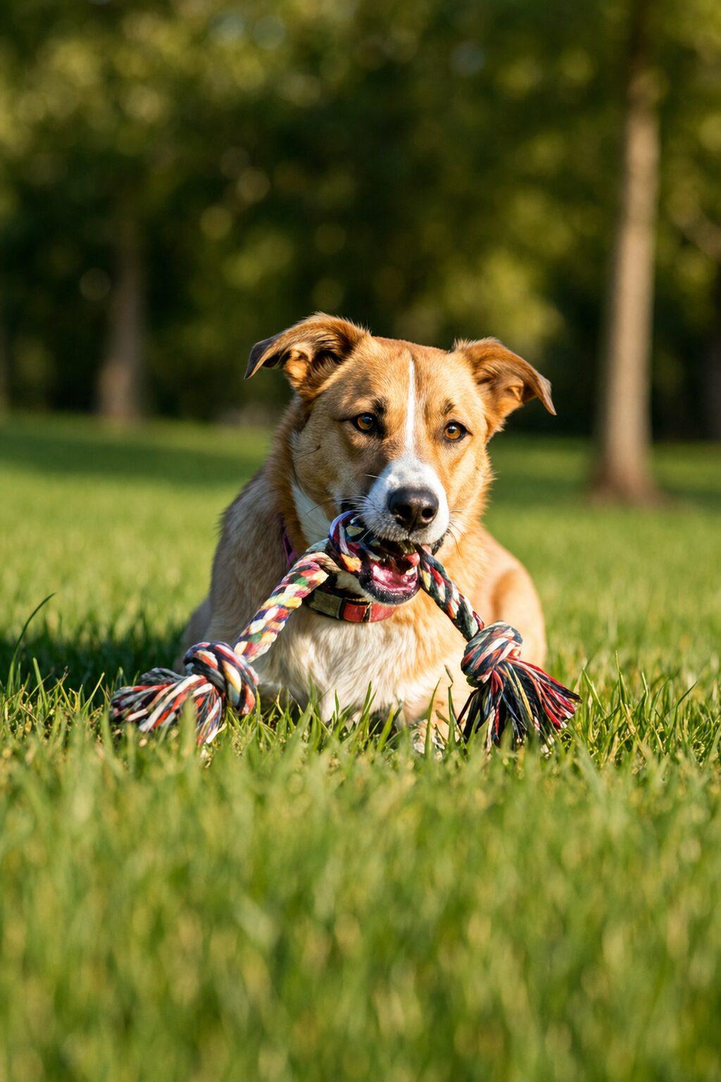 Dog playing with a handwoven Monli recycled-cotton rope toy