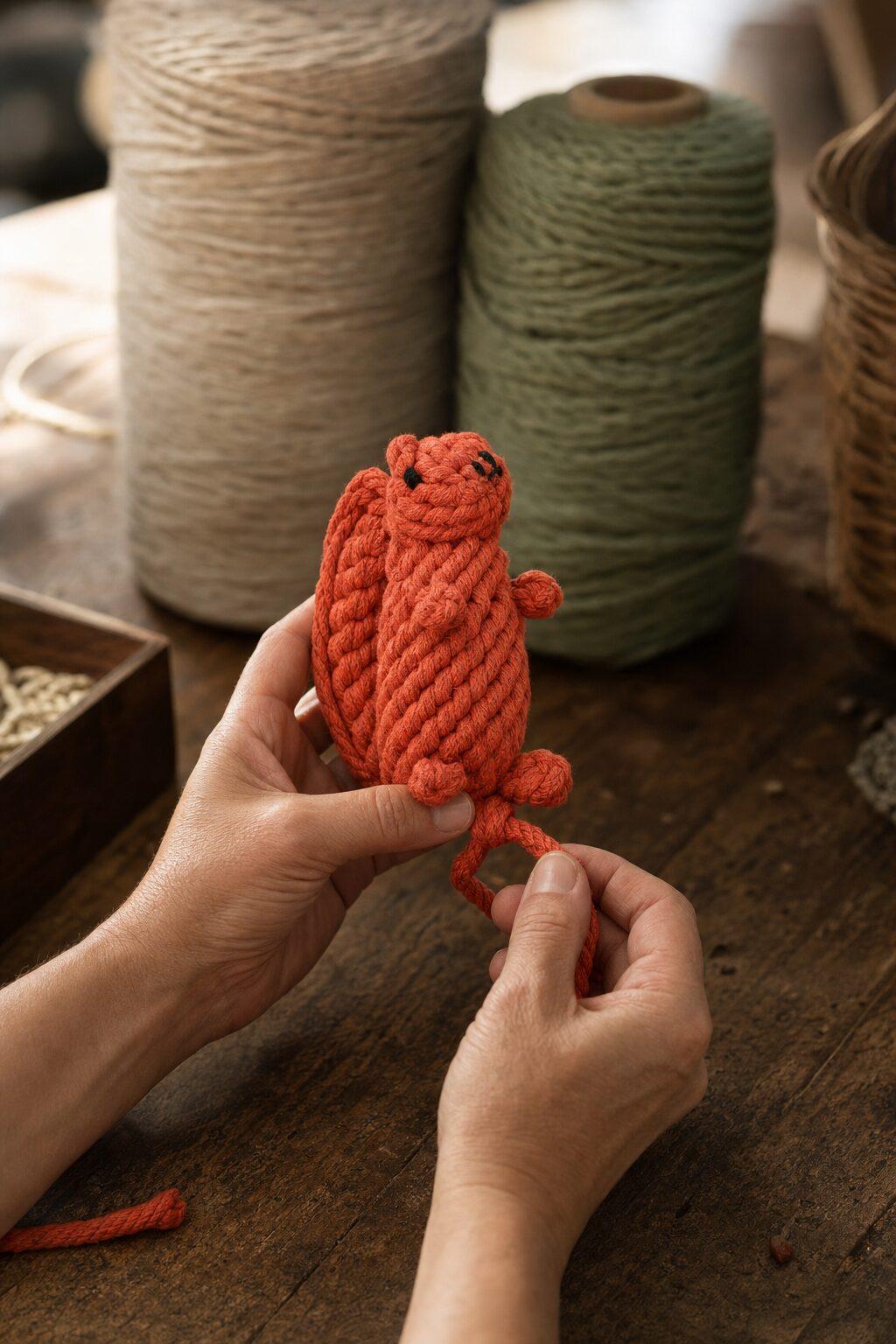 Artisan hands tying the final knot on a woven rope toy