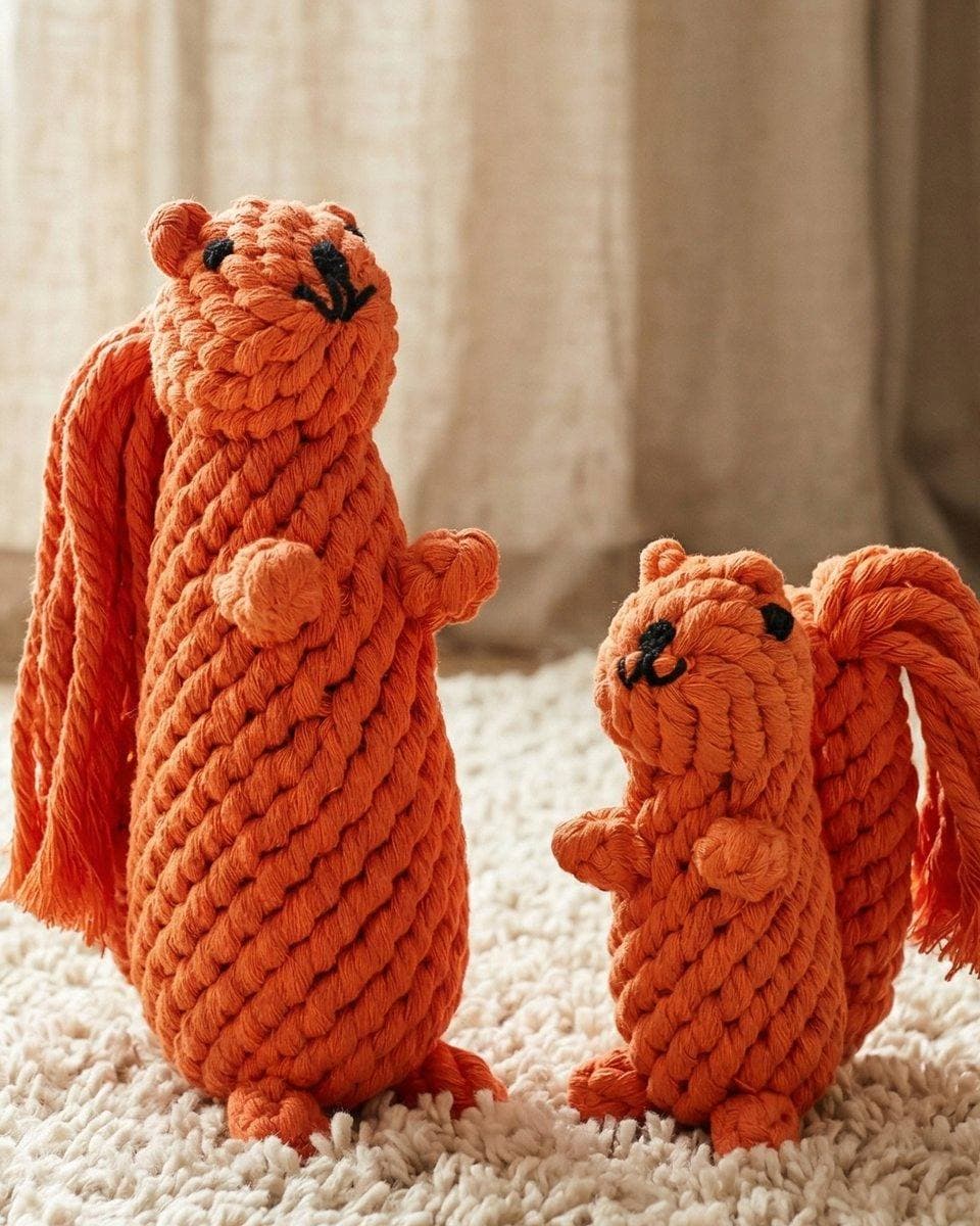Two handwoven orange rope squirrel toys, one large and one small, on a rug