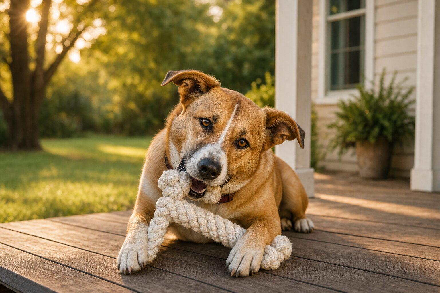 Our dog at home in Greenville, South Carolina, with a Monli rope bone