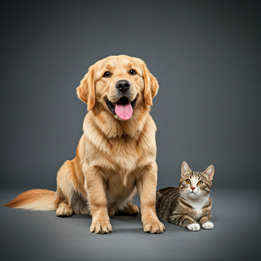 Happy dog and cat together in a clean studio setting