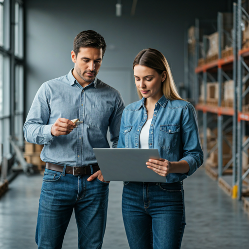 Professional logistics team working in a modern bright warehouse