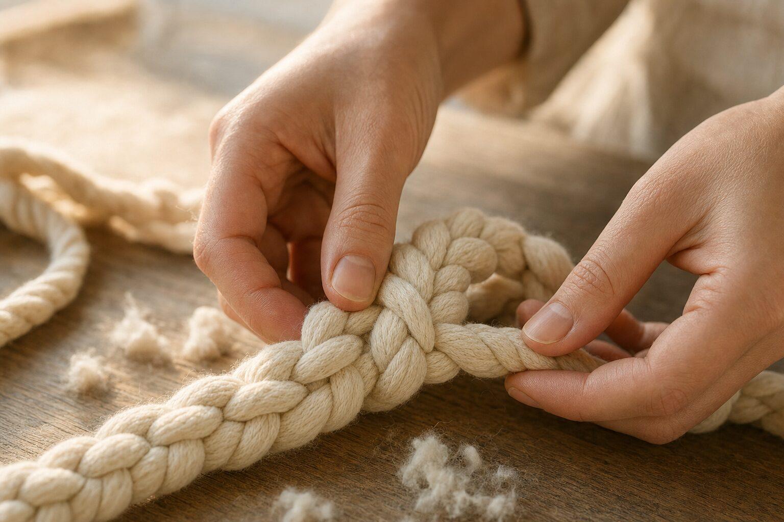 Hands braiding recycled cotton rope into a Monli pet toy