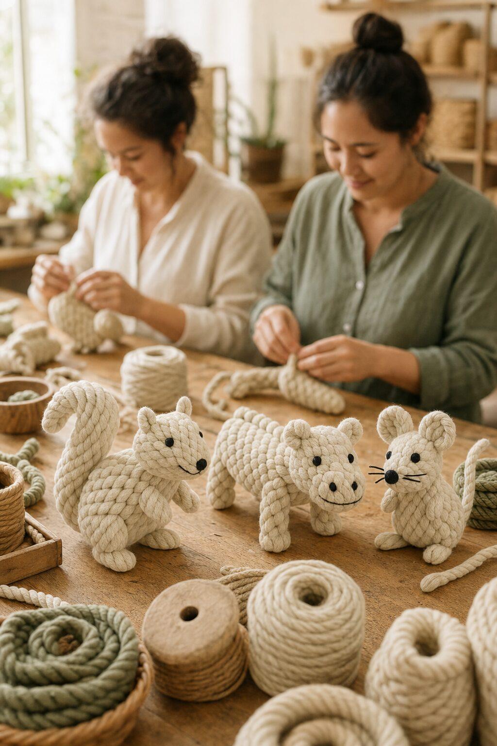 Artisans hand-weaving recycled-cotton rope toys in the Wangli workshop
