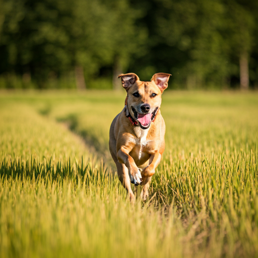 Happy dog running in a sunny natural meadow