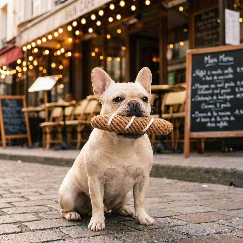 A french bulldog holding a rope baguette toy outside a cafe