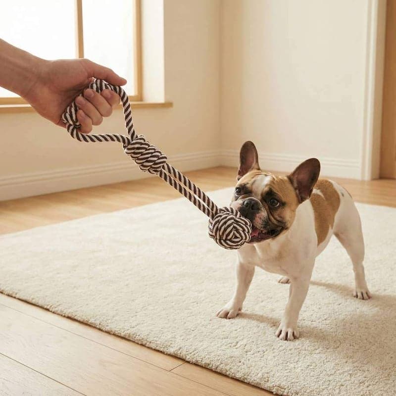 A french bulldog pulling on a monkey fist rope tug toy