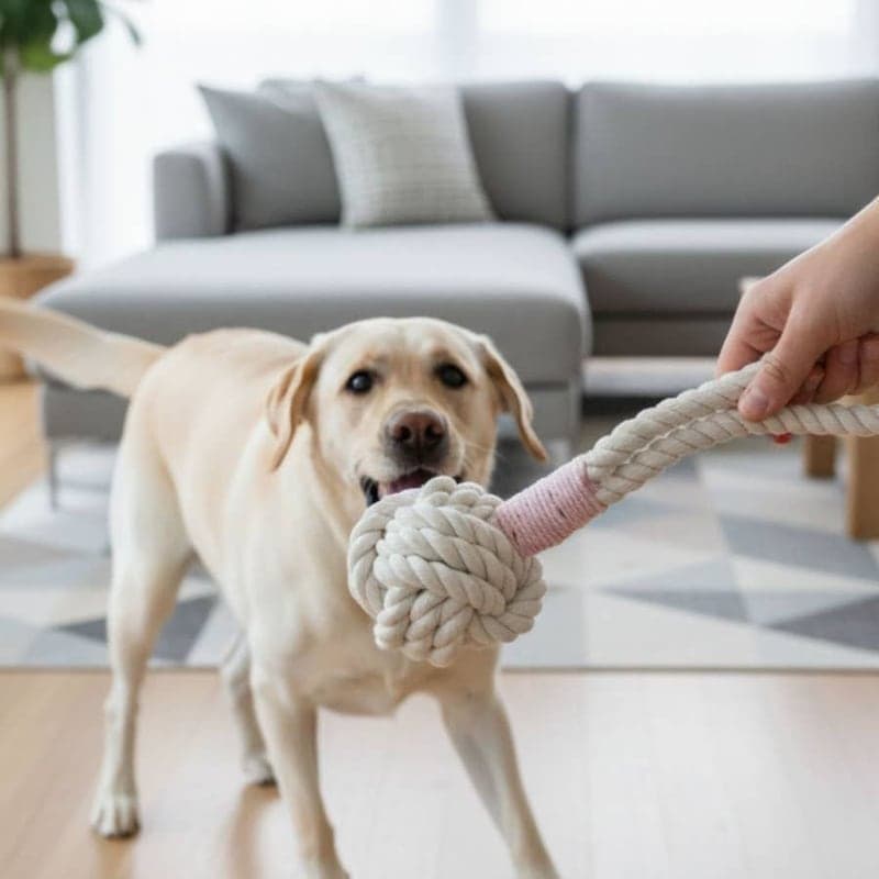A yellow labrador tugging on a white rope ball toy