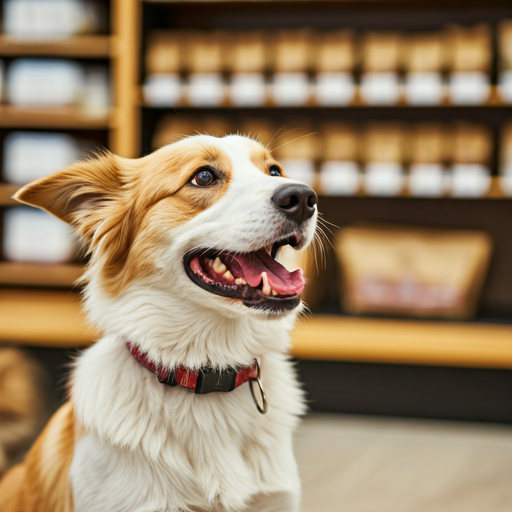 Happy dog in a pet store setting looking at treats